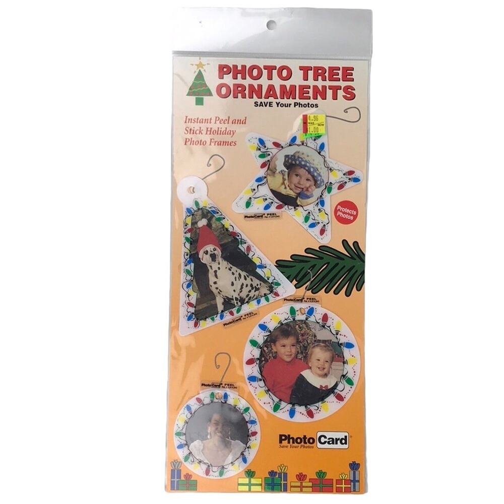 NOS Vintage PhotoCard Set 4 Photo Tree Ornaments White String Lights Print Star